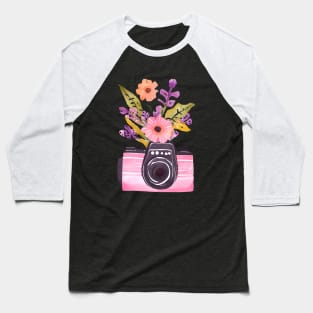 Cute Pink Watercolor Camera and Wildflowers Baseball T-Shirt